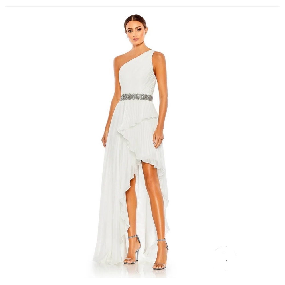 NWT $498 MAC DUGGAL PLEATED ONE SHOULDER ASYMMETRICAL RUFFLE HEM GOWN 49532​​
